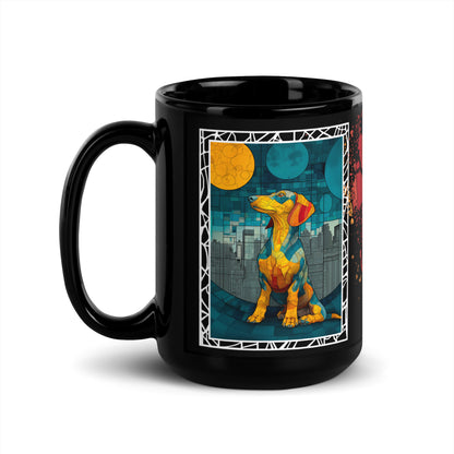 Stay Pawsitive text with image of a Dachshund dog on stained glass style background with colorful paw prints on a black ceramic mug 15 oz — handle on left