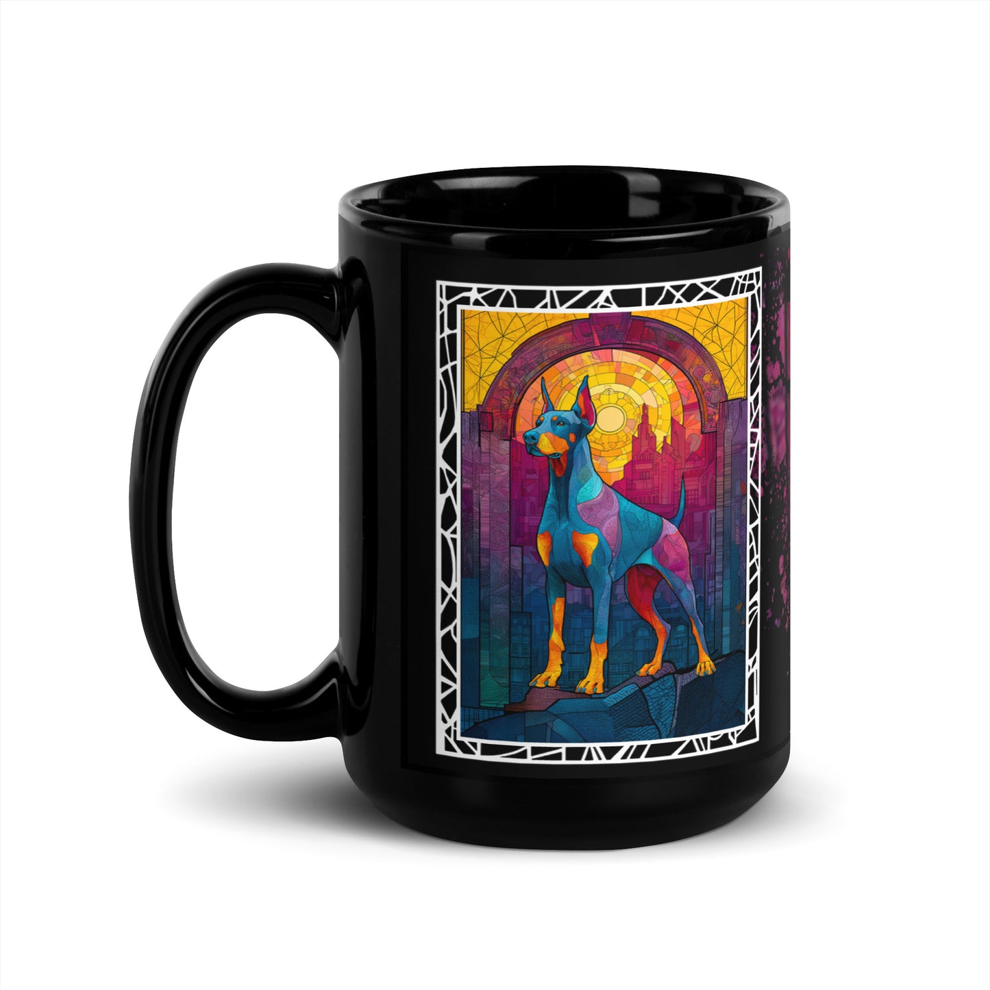 Stay Pawsitive text with image of a Doberman Pinscher dog on stained glass style background with colorful paw prints on a black ceramic mug 15 oz — handle on left