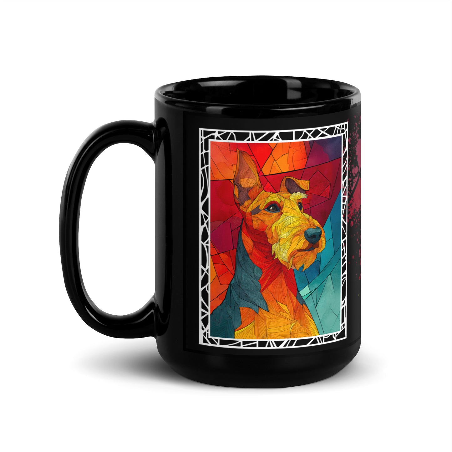 Stay Pawsitive text with image of a Fox Terrier dog on stained glass style background with colorful paw prints on a black ceramic mug 15 oz — handle on left