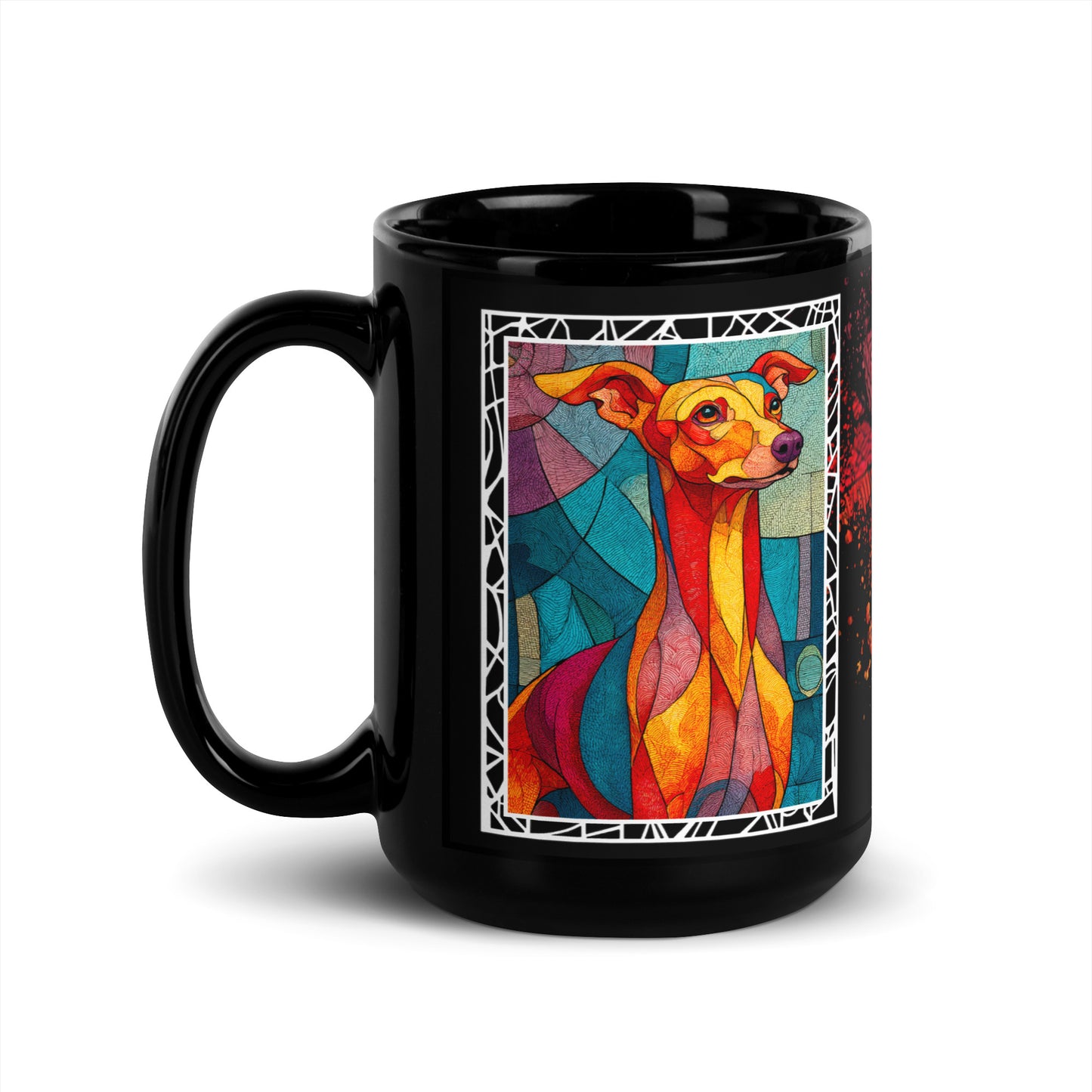 Stay Pawsitive text with image of a Greyhound dog on stained glass style background with colorful paw prints on a black ceramic mug 15 oz — handle on left