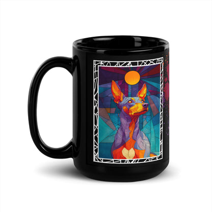 Stay Pawsitive text with image of a Miniature Pinscher dog on stained glass style background with colorful paw prints on a black ceramic mug 15 oz — handle on left