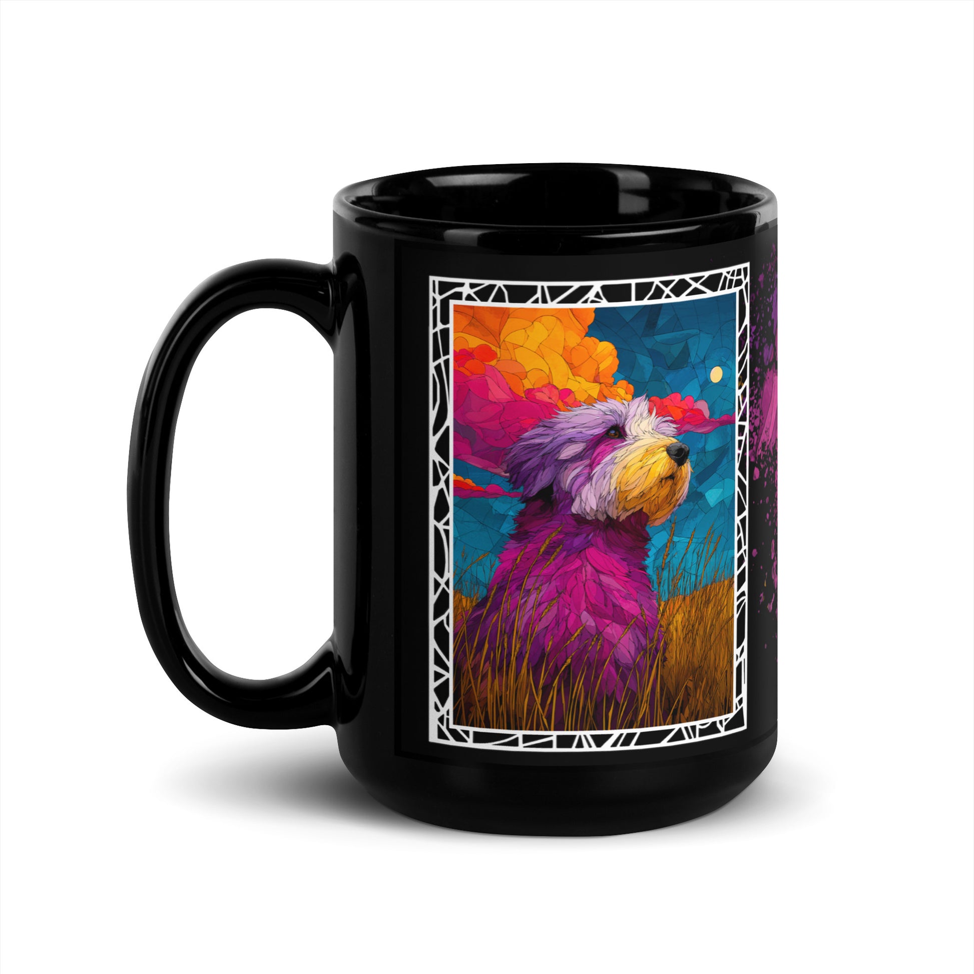 Stay Pawsitive text with image of a Old English Sheepdog dog on stained glass style background with colorful paw prints on a black ceramic mug 15 oz — handle on left
