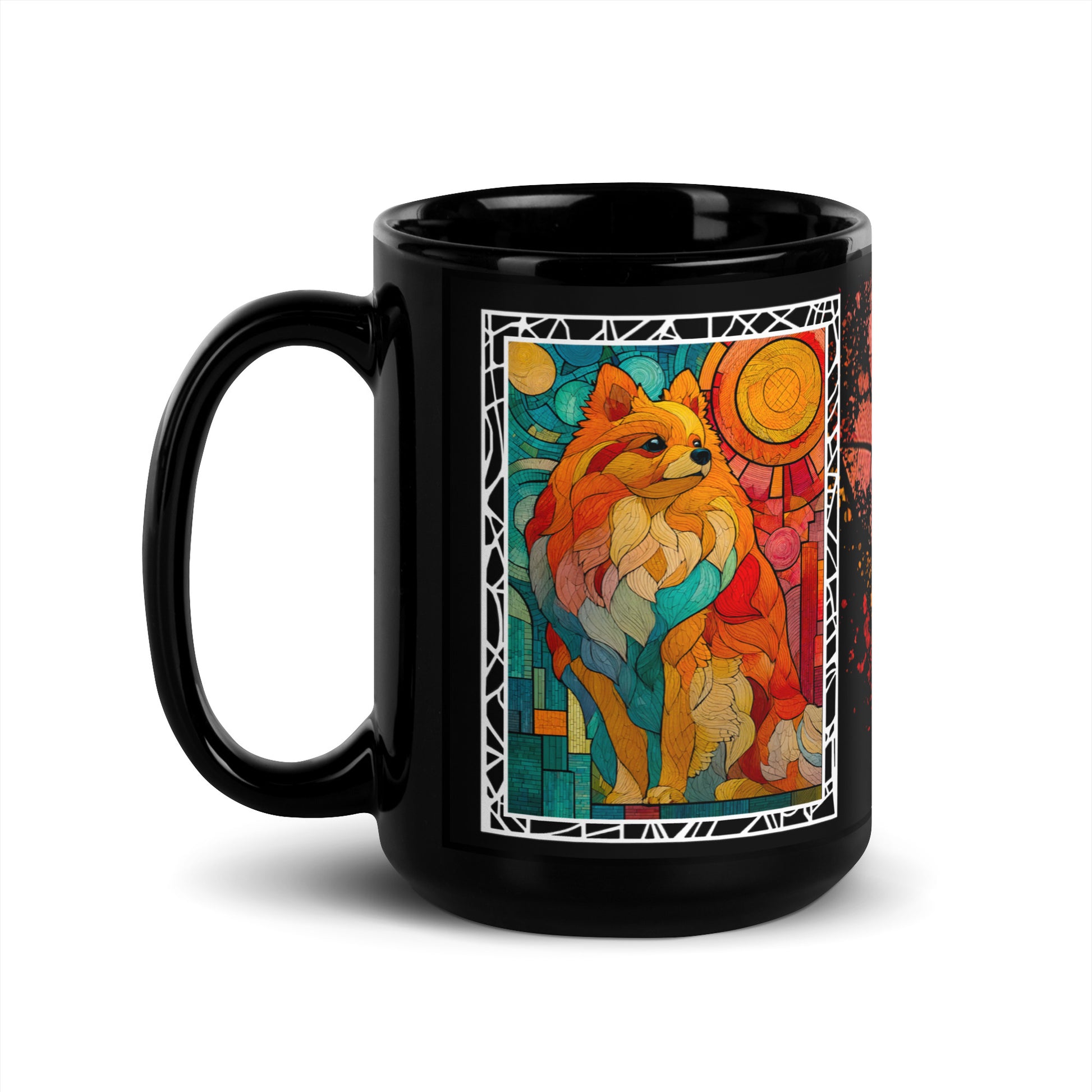 Stay Pawsitive text with image of a Pomeranian dog on stained glass style background with colorful paw prints on a black ceramic mug 15 oz — handle on left