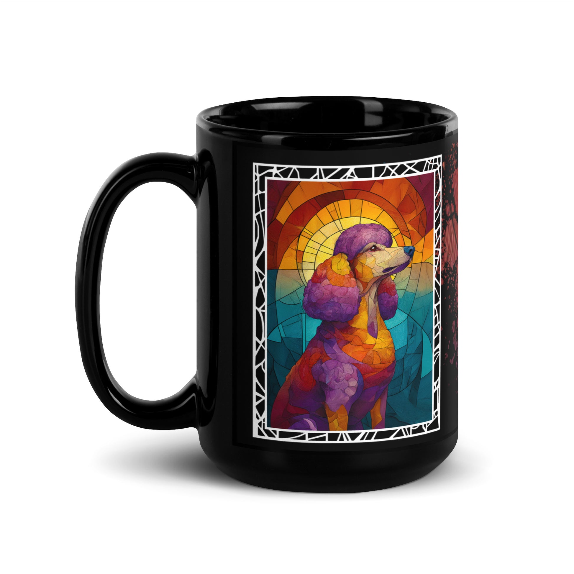 Stay Pawsitive text with image of a Poodle dog on stained glass style background with colorful paw prints on a black ceramic mug 15 oz — handle on left