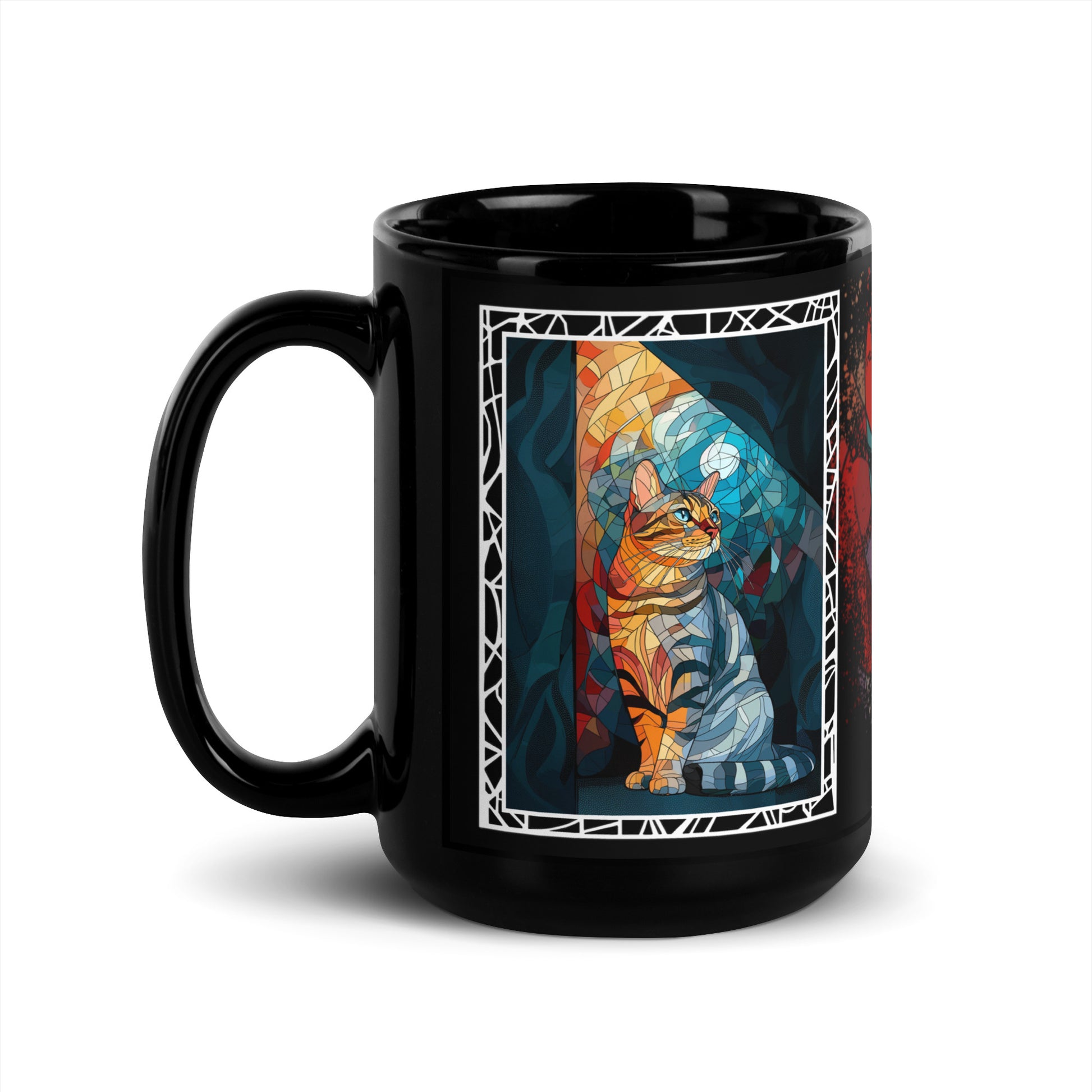 Purrr & Pour text with image of an American Shorthair cat on stained glass style background with colorful paw prints on a black ceramic mug 15 oz — handle on left