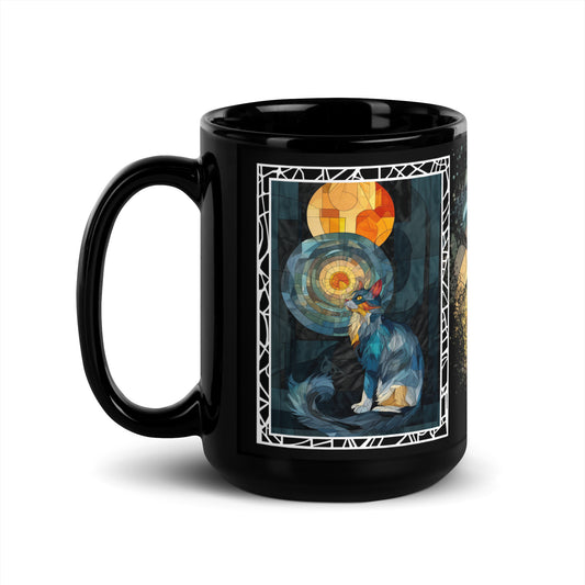 Purrr & Pour text with image of a Tuxedo cat on stained glass style background with colorful paw prints on a black ceramic mug 15 oz — handle on left