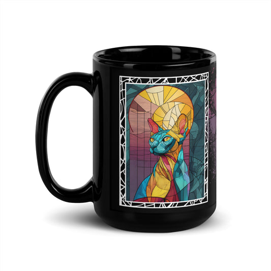 Purrr & Pour text with image of a Sphynx cat on stained glass style background with colorful paw prints on a black ceramic mug 15 oz — handle on left