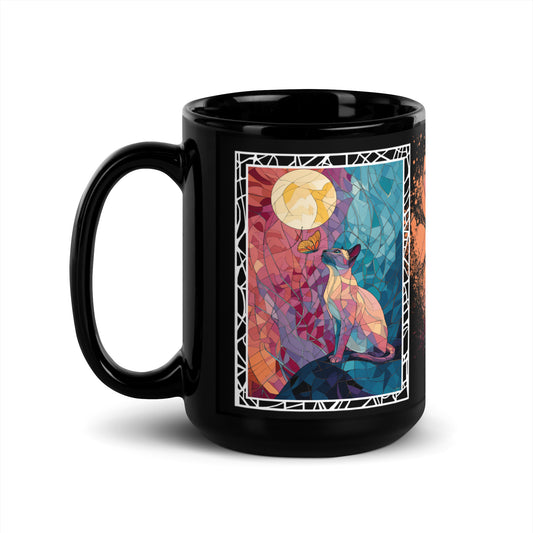 Purrr & Pour text with image of a Siamese cat on stained glass style background with colorful paw prints on a black ceramic mug 15 oz — handle on left