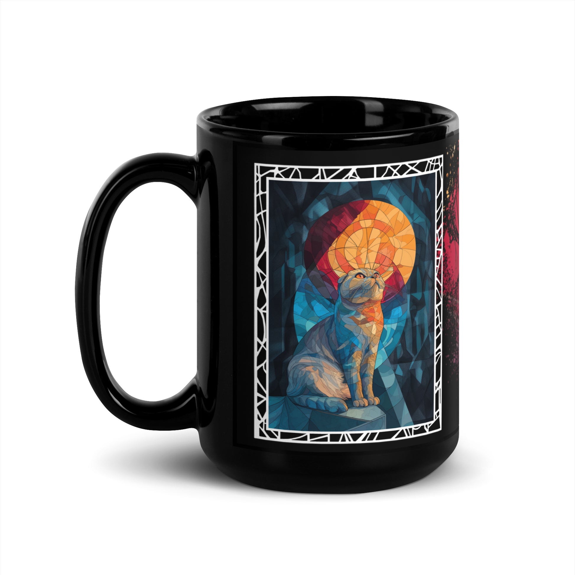 Purrr & Pour text with image of a Scottish Fold  cat on stained glass style background with colorful paw prints on a black ceramic mug 15 oz — handle on left