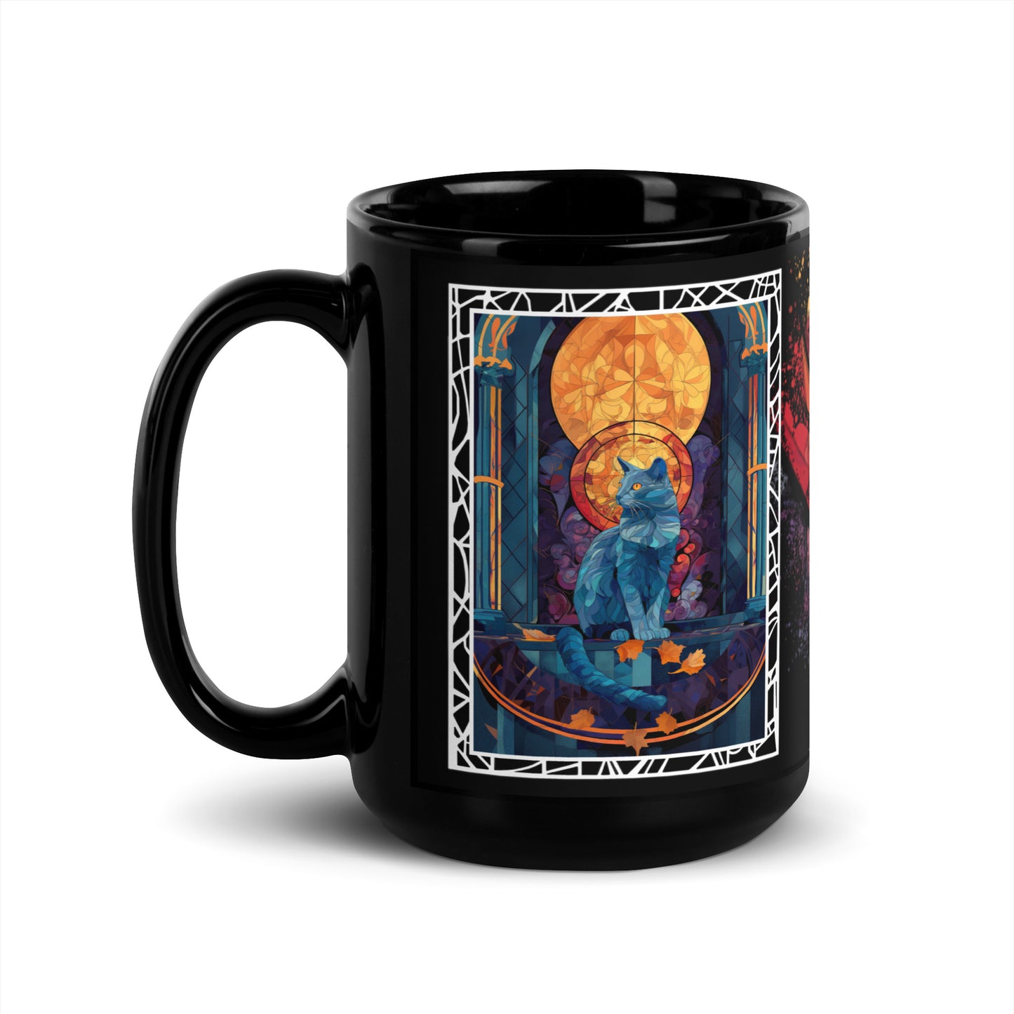 Purrr & Pour text with image of a Russian Blue cat on stained glass style background with colorful paw prints on a black ceramic mug 15 oz — handle on left