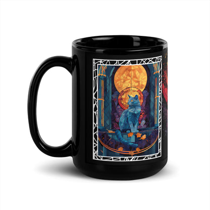 Purrr & Pour text with image of a Russian Blue cat on stained glass style background with colorful paw prints on a black ceramic mug 15 oz — handle on left