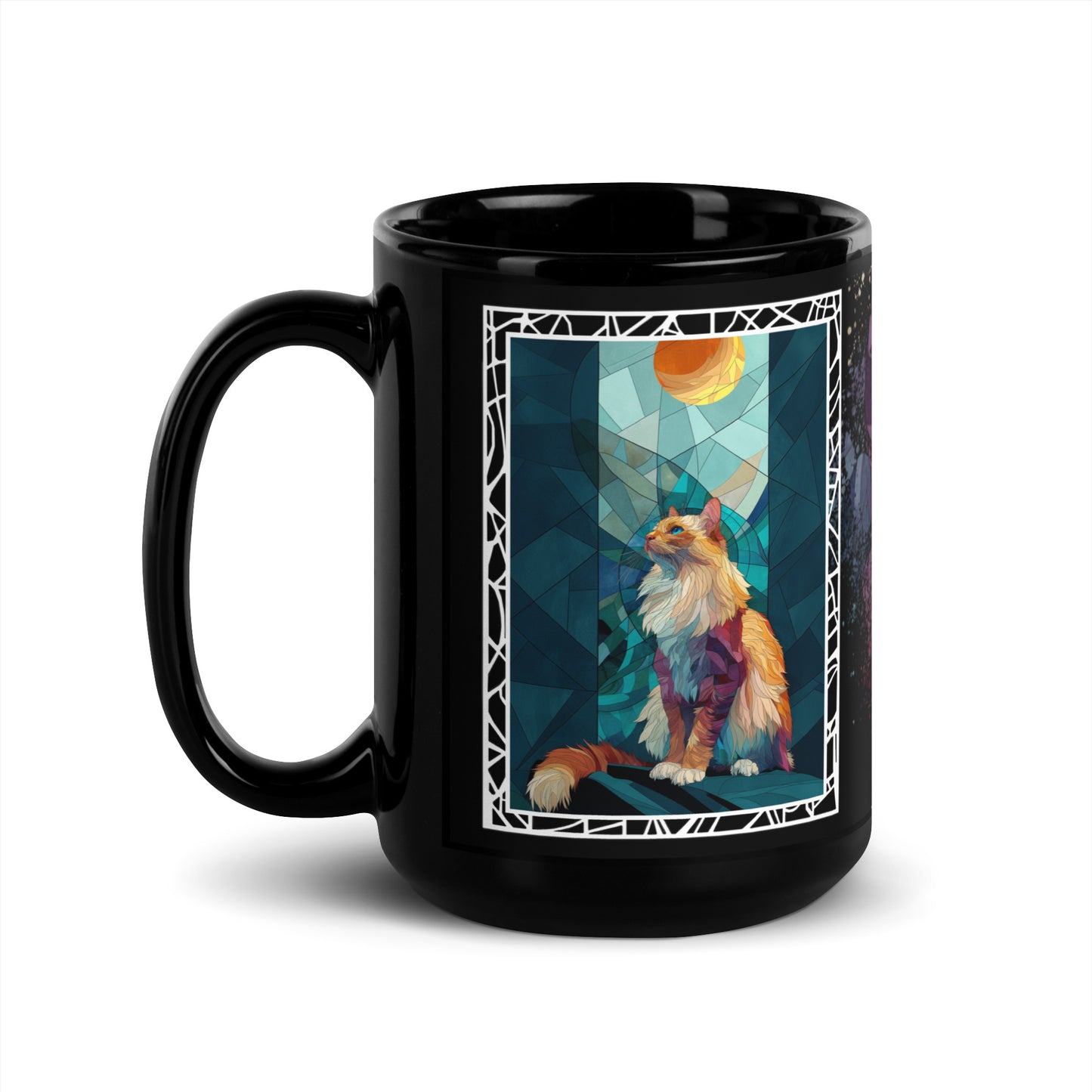 Purrr & Pour text with image of a Ragdoll  cat on stained glass style background with colorful paw prints on a black ceramic mug 15 oz — handle on left