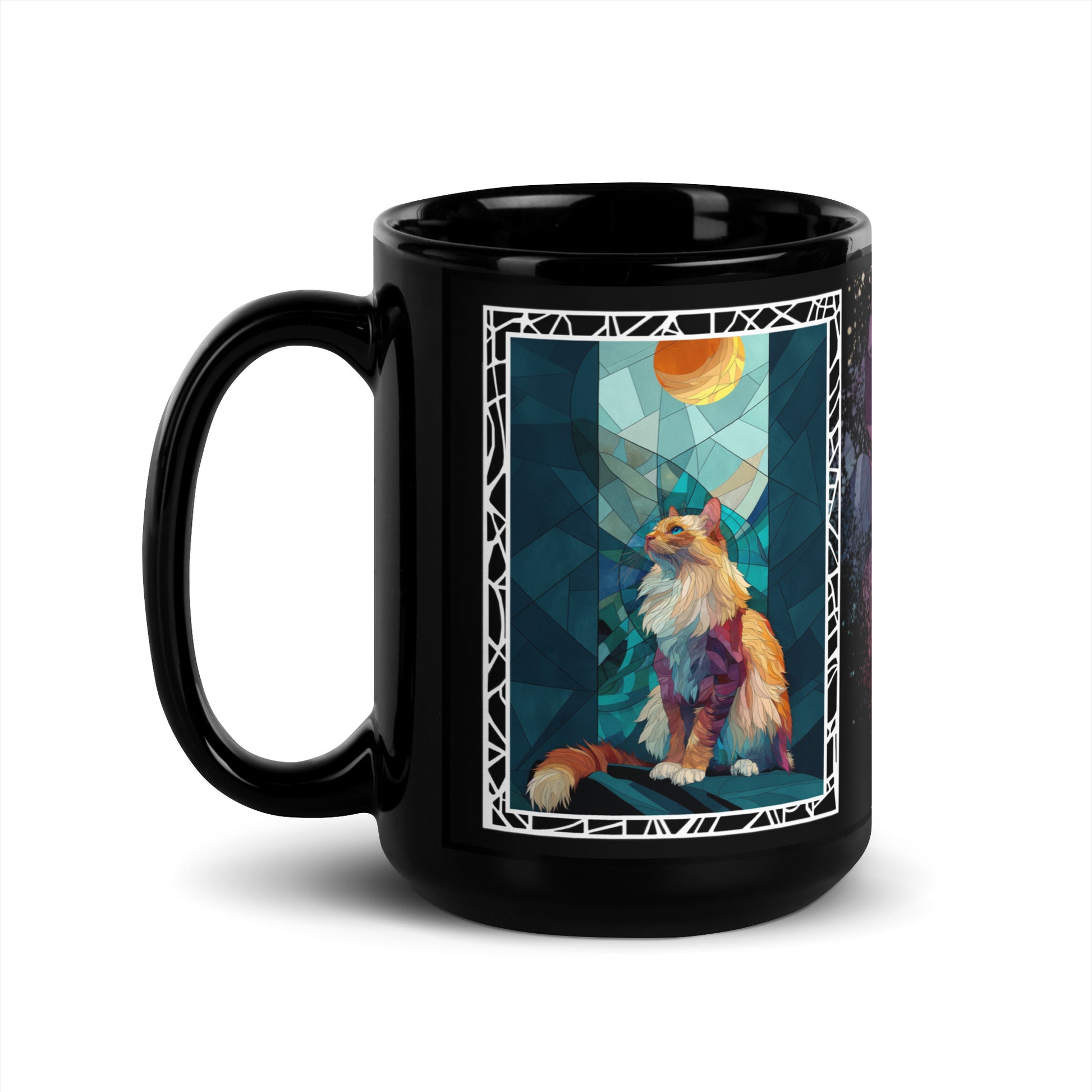 Purrr & Pour text with image of a Ragdoll  cat on stained glass style background with colorful paw prints on a black ceramic mug 15 oz — handle on left