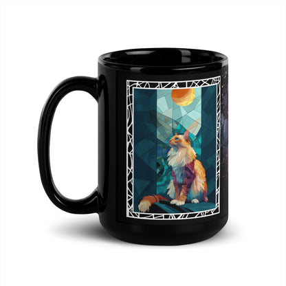 Purrr & Pour text with image of a Ragdoll  cat on stained glass style background with colorful paw prints on a black ceramic mug 15 oz — handle on left