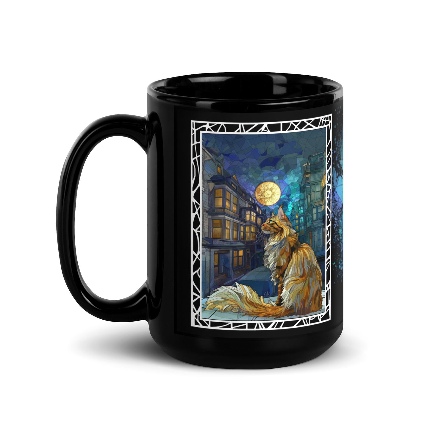Purrr & Pour text with image of a Maine Coon cat on stained glass style background with colorful paw prints on a black ceramic mug 15 oz — handle on left