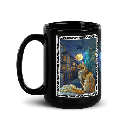 Purrr & Pour text with image of a Maine Coon cat on stained glass style background with colorful paw prints on a black ceramic mug 15 oz — handle on left