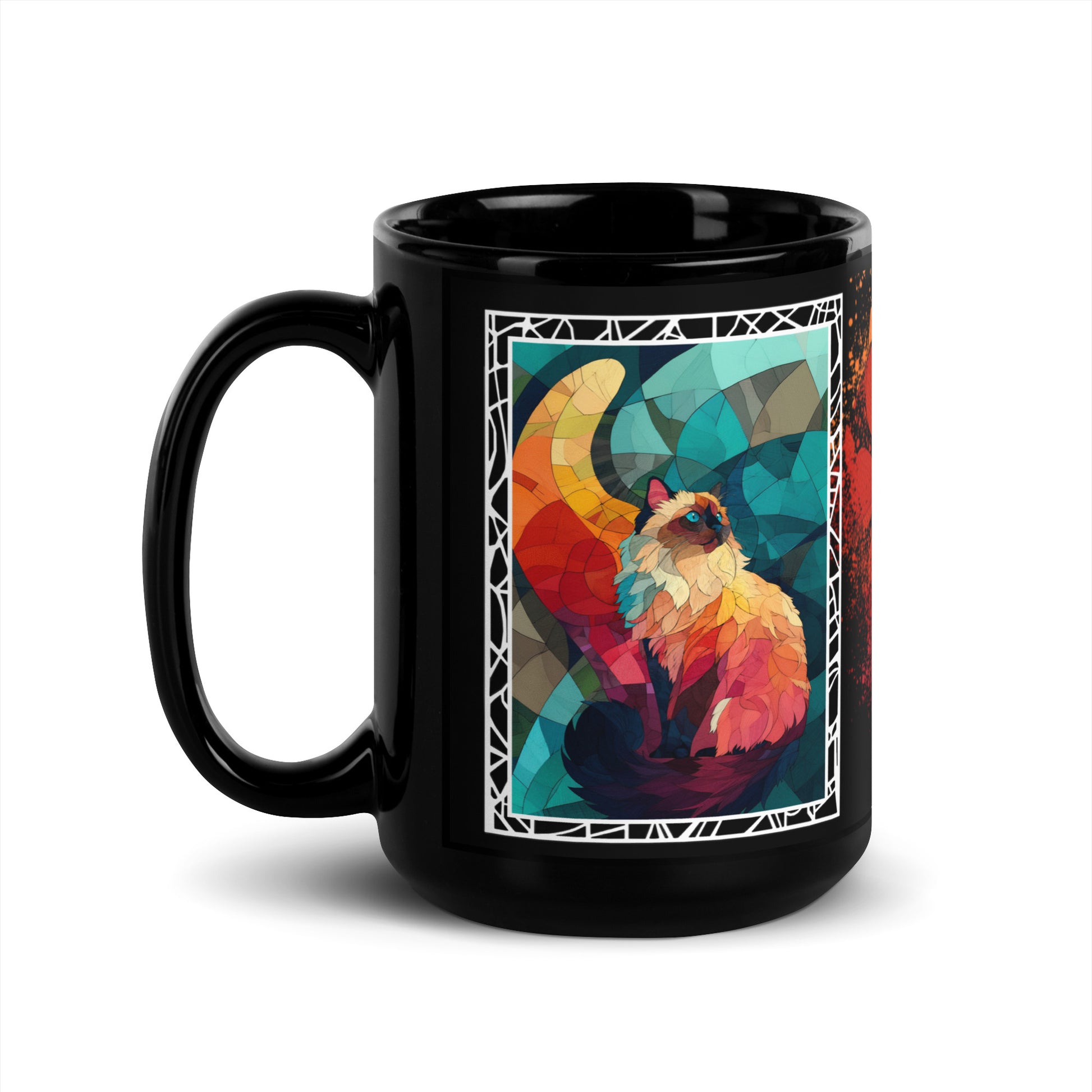 Purrr & Pour text with image of a Himalayan cat on stained glass style background with colorful paw prints on a black ceramic mug 15 oz — handle on left
