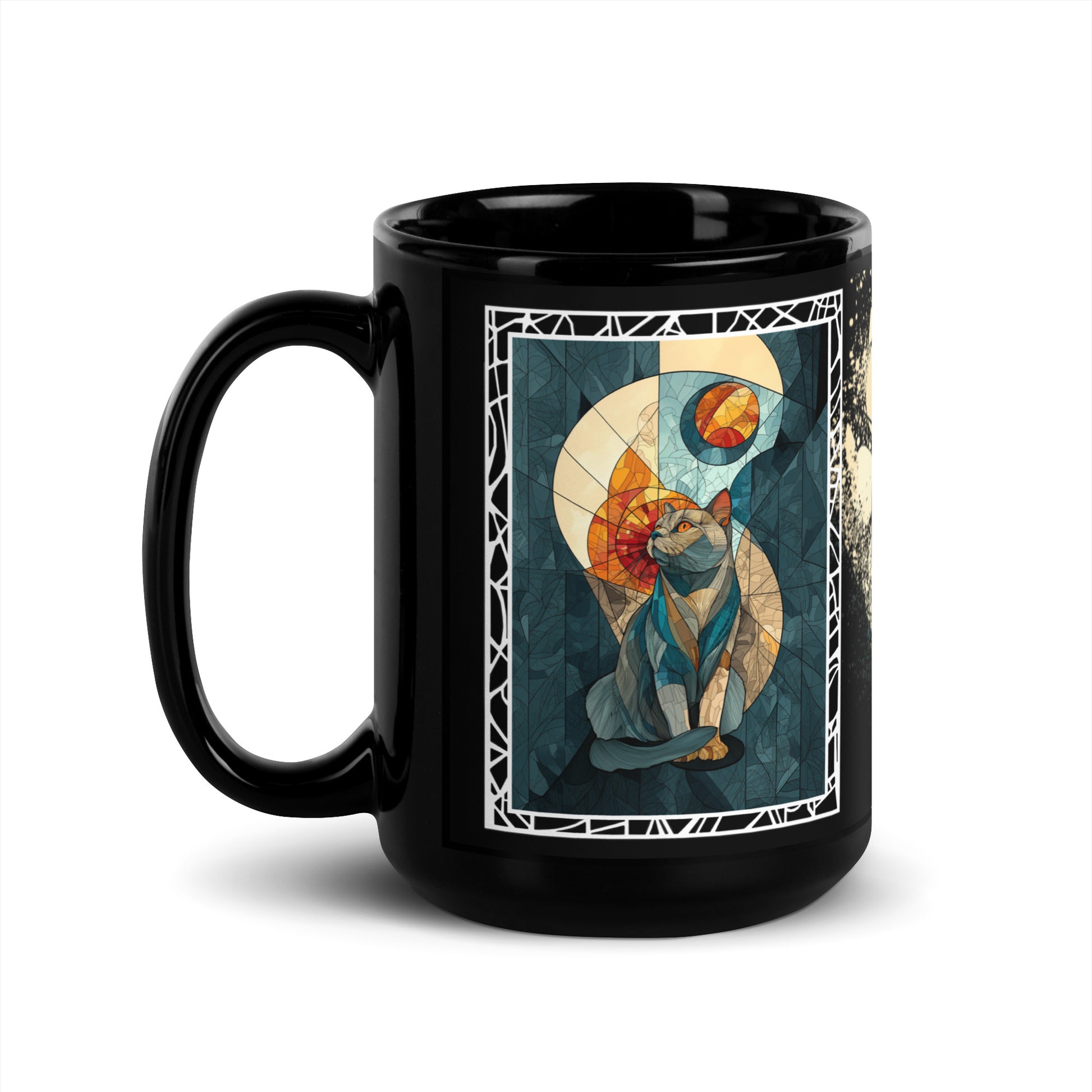 Purrr & Pour text with image of a British Shorthair cat on stained glass style background with colorful paw prints on a black ceramic mug 15 oz — handle on left
