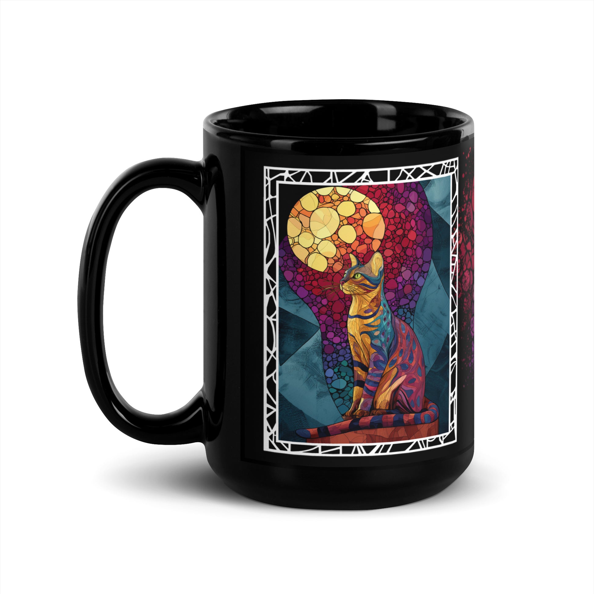 Purrr & Pour text with image of a Bengal cat on stained glass style background with colorful paw prints on a black ceramic mug 15 oz — handle on left