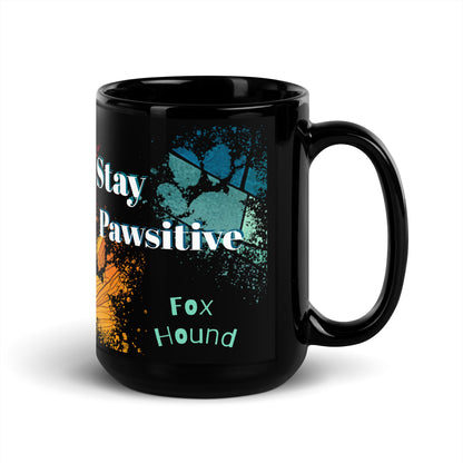 Stay Pawsitive text with image of a Fox Terrier dog on stained glass style background with colorful  paw prints on a black ceramic mug 15 oz — handle on right