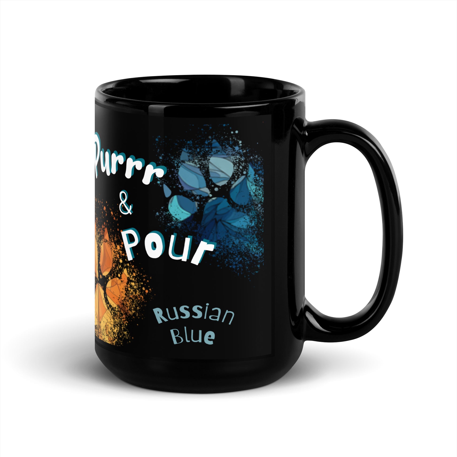 Purrr & Pour text with image of a Russian Blue cat on stained glass style background with colorful  paw prints on a black ceramic mug 15 oz — handle on right