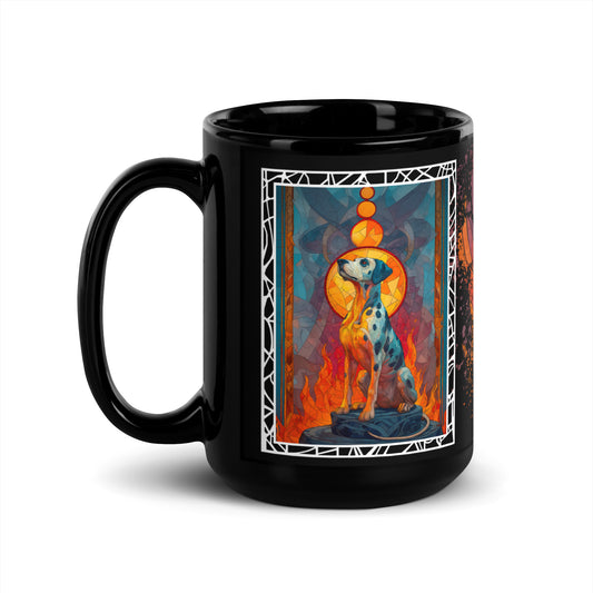 Stay Pawsitive text with image of a Dalmatian dog on stained glass style background with colorful paw prints on a black ceramic mug 15 oz — handle on left